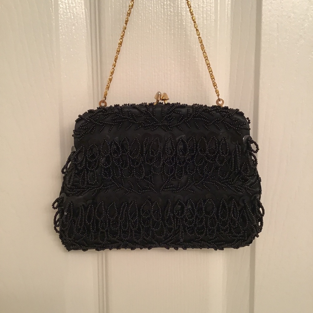 Vintage Beaded Black Satin Evening Bag